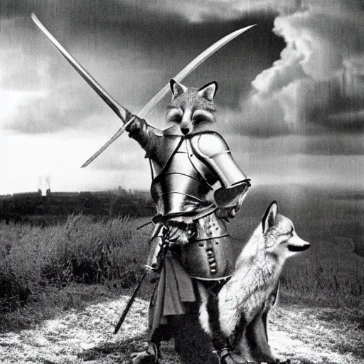 Image similar to anthropomorphic fox!! who is a medieval knight holding a sword towards a stormy thundercloud 1 9 3 0 s film still, castle in the background