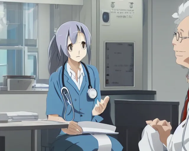 Image similar to a cute and beautiful young female doctor wearing white coat are talking with an old professor in a hospital, slice of life anime, lighting, anime scenery by Makoto shinkai