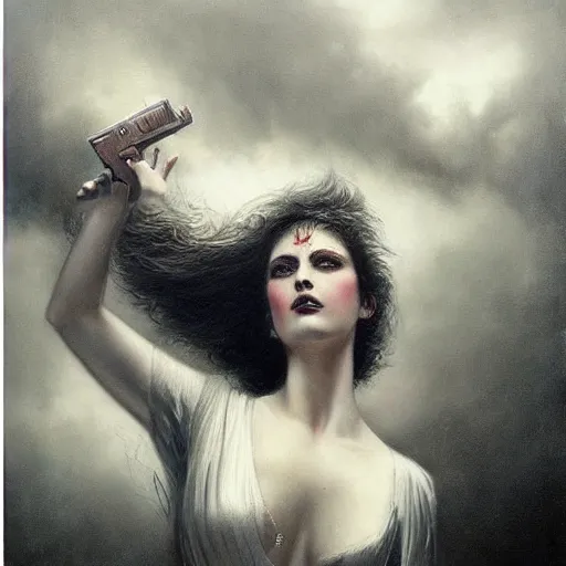 Image similar to By Tom Bagshaw, ultra realist soft painting of a curiosity carnival by night, a beautiful gunslinger in detective wear, symmetry accurate features, very intricate details, ominous sky, black and white, volumetric light clouds