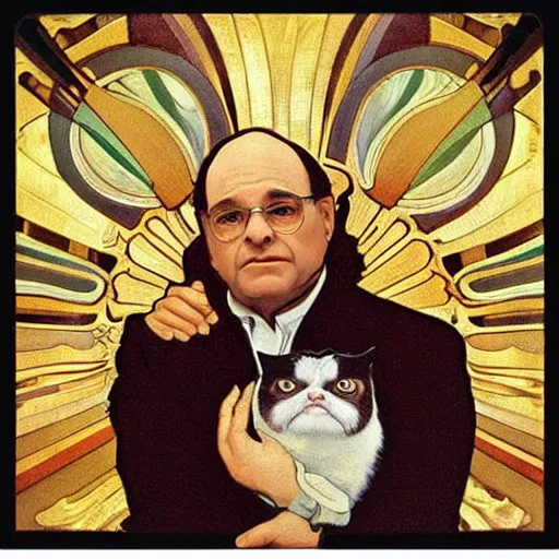 Prompt: “ george costanza from seinfled holding grumpy cat, art nouveau, gold - leaf, by alphonse mucha ”
