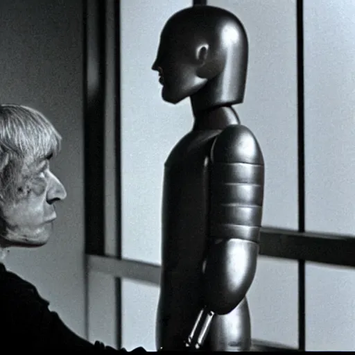 Image similar to a man and a robot in a moment of jealousy, movie still, Movie by Andrzej Zulawski and David Lynch