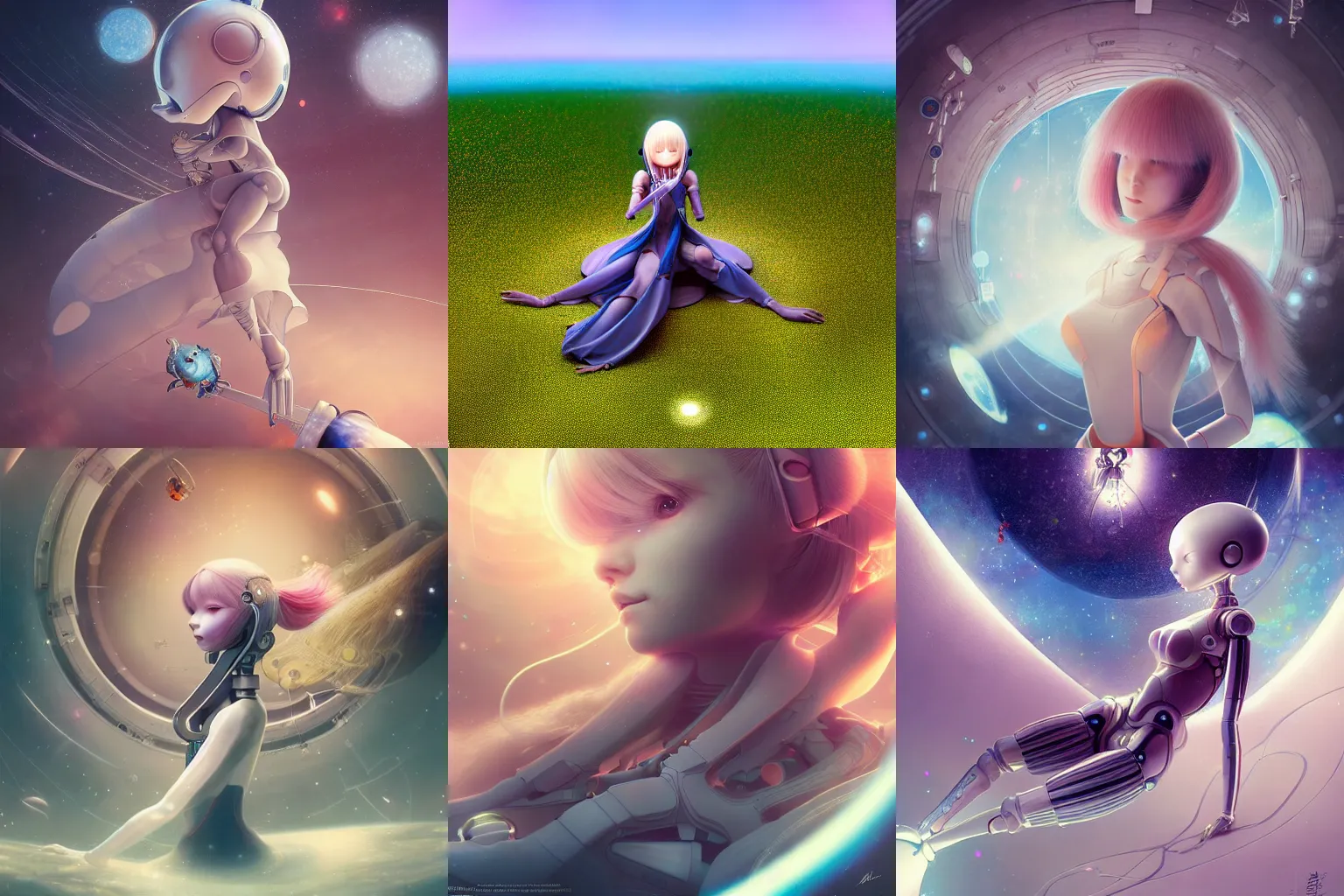 Prompt: detailed, sharp, dreaming humanoid female automata floating in a space station by Anna Dittmannand by hayao miyazaki. digital art. surreal. featured on art station. anime arts. featured on Pixiv, HD, 8K, highly detailed, good lighting