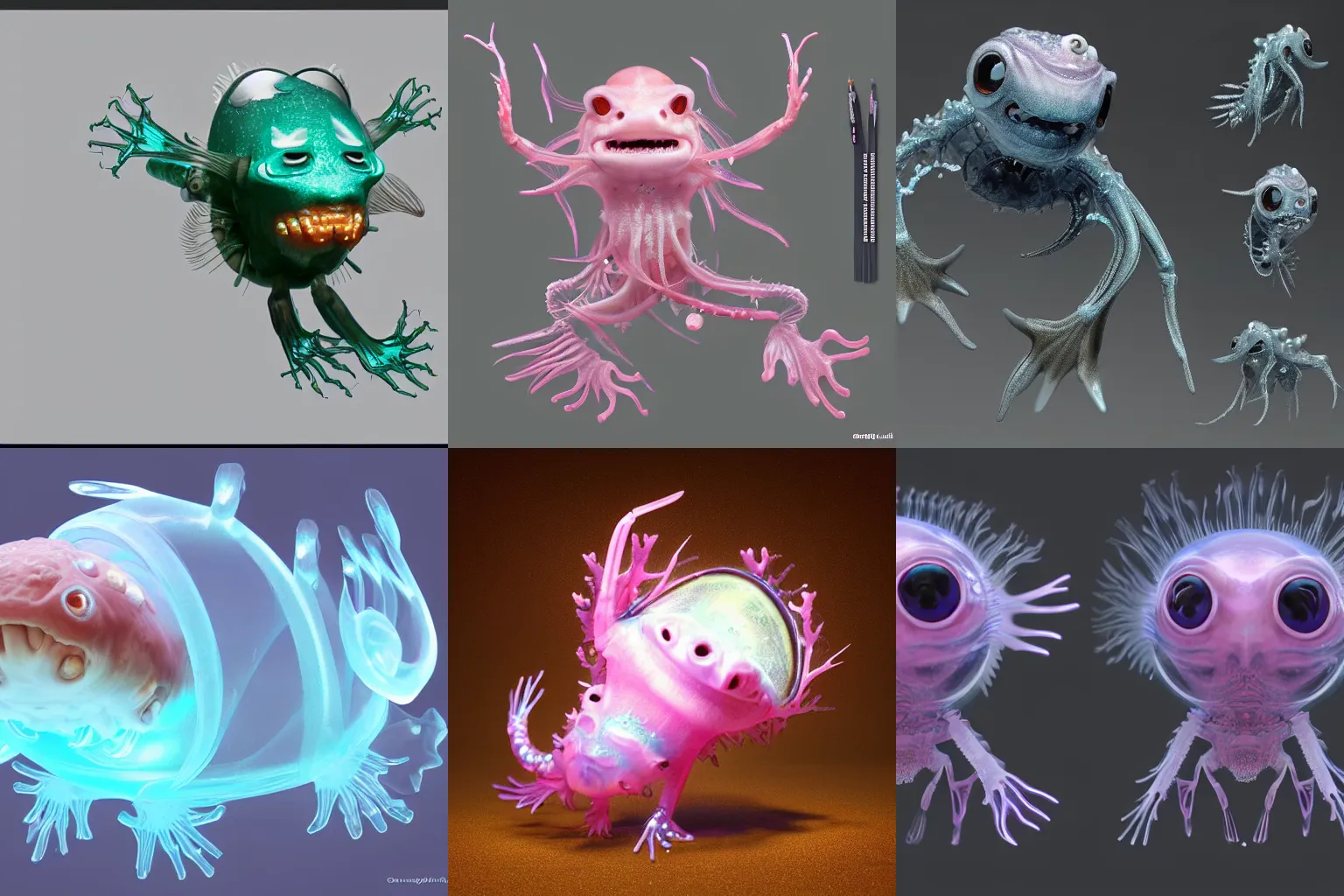 Prompt: cute! biomechanical axolotl, ghost shrimp, Barreleye fish, translucent SSS xray, Barreleye, rimlight, jelly fish dancing, fighting, bioluminescent screaming pictoplasma characterdesign toydesign toy monster creature, zbrush, octane, hardsurface modelling, artstation, cg society, by greg rutkowksi, by Eddie Mendoza, by Peter mohrbacher, by tooth wu