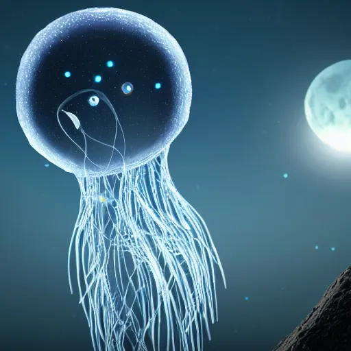 Image similar to a cybernetic jellyfish enveloping the moon, highly detailed, cinematic, stars in the background