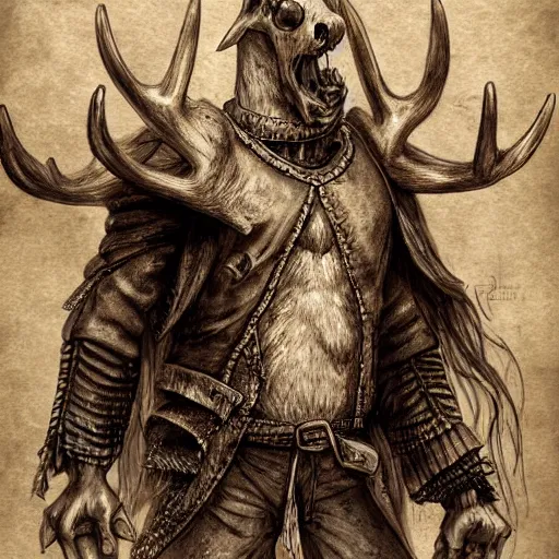 Image similar to anthropomorphic moose pirate humanoid by tooth wu, pirate ship, sea, fantasy