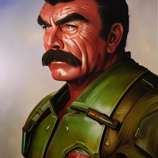 Prompt: ultra realistic portrait painting of tom selleck as doomguy, art by frank frazetta, 4 k, ultra realistic, highly detailed, epic lighting