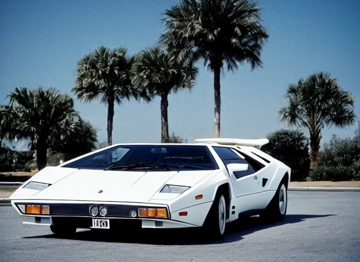 Image similar to a white lamborghini countach. palms and blue sky in the background. 8 0's style