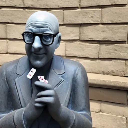 Prompt: statue of a bald man wearing round glasses, holding playing cards, daytime, high camera angle