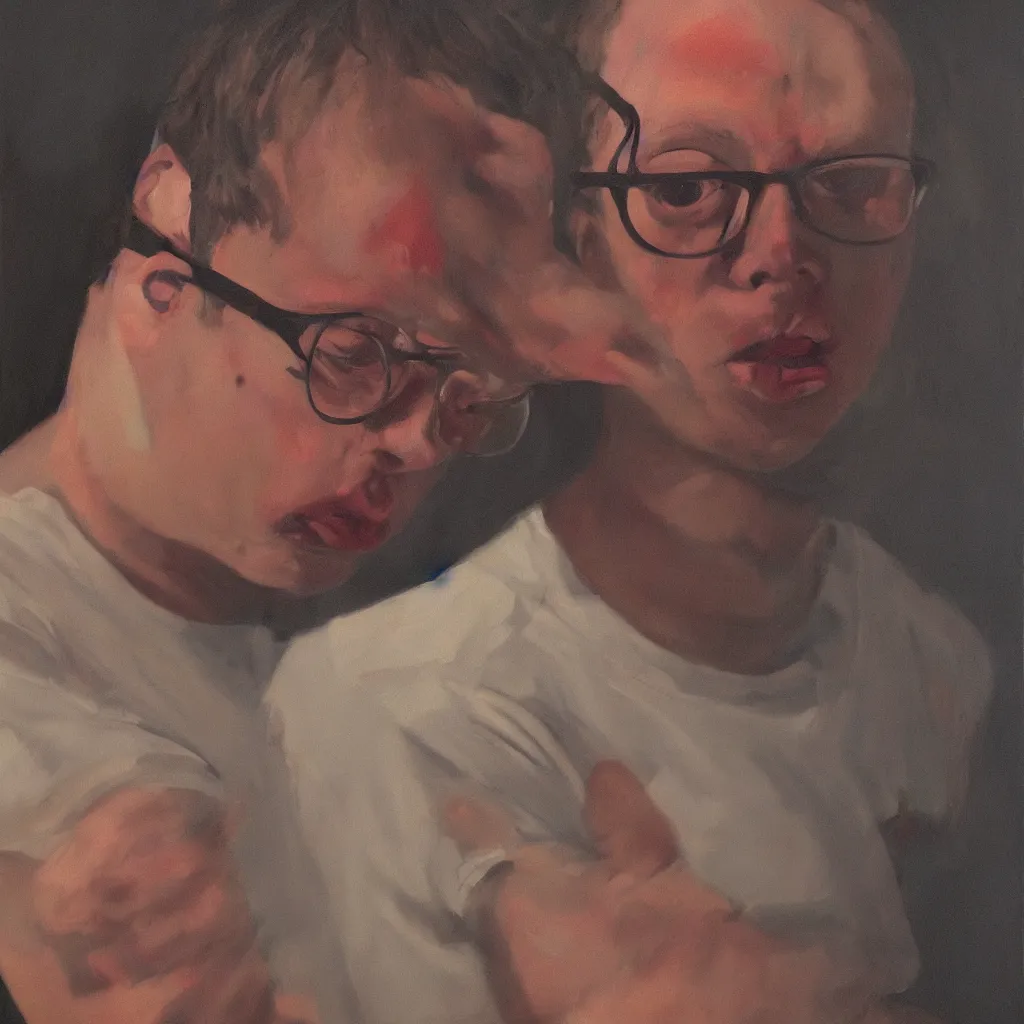 Image similar to oil painting by christian rex van minnen portrait of todd solondz age 2 5, extremely bizarre disturbing, intense chiaroscuro lighting perfect composition masterpiece intense emotion