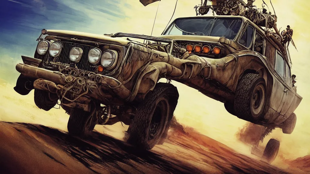 Prompt: digital illustration of mad max's fj 4 0 pursuit special riding fury road eternal shiny and chrome, world of fire and blood, the last v 8 interceptor driving down to the gates of valhalla highway, anime style, year 2 0 9 3, by makoto shinkai, ilya kuvshinov, lois van baarle, rossdraws, basquiat