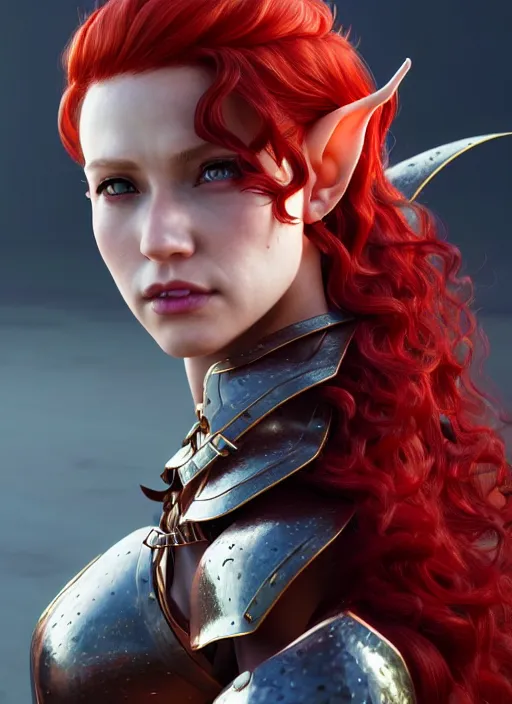 Image similar to leather armor!!! beautiful and elegant curly red hair female elf!! gorgeous ayes!! character concept art, sharp focus, octane render! unreal engine 5! highly rendered!! trending on artstation!! detailed linework!! illustration by artgerm, wlop, and chie yoshii