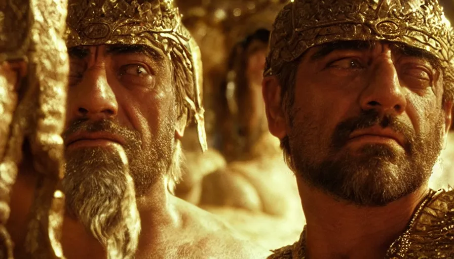Image similar to dramatic movie stills by david lean of javier bardem as gilgamesh sumerian king facing the gods, sumerian epic movie, cinestill 8 0 0 t eastmancolor technicolor, high quality, very detailed, heavy grain, fine facial features, 8 k, octane render
