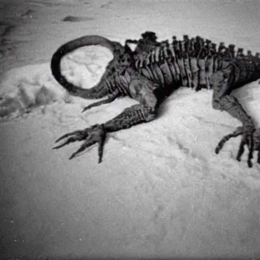 Image similar to a mummified t-rex corpse found in the artic ice and snow, taken by a ww2 camera.