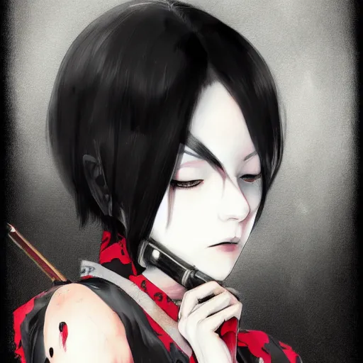 Image similar to heroine, beautiful, sui ishida with black hair art manga, hyperrealistic, highly detailed, a real photographic, digital art, 8 k, character, realistic, portrait, female samurai, symatrical, dark atmospheric lighting, artstation, symetric, lineart