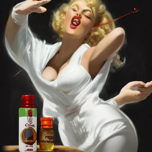 Prompt: concept art of a magic nutritional supplement in a bottle filled with white ivory liquid, black top, by gil elvgren, white tones, white background, digital painting, artstation, concept art, smooth, sharp foccus ilustration hq