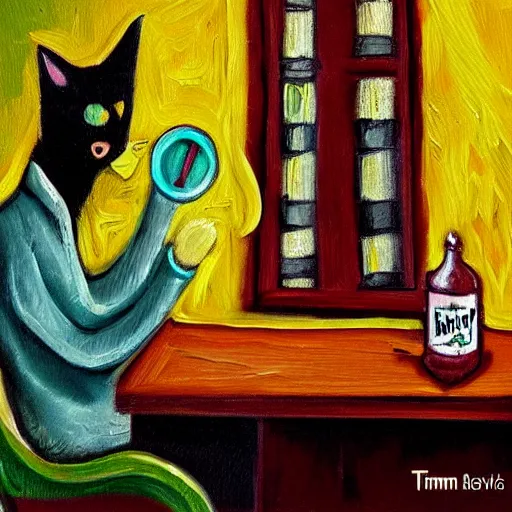 Image similar to a sleepy cat investigator orders a pint at the local Irish pub, colorful, oil painting in the style of Tim Burton,