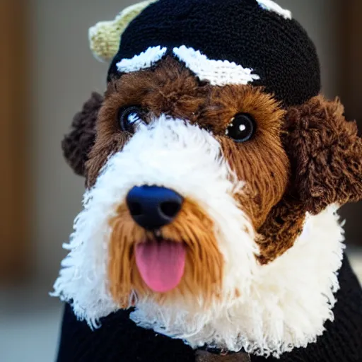 Image similar to a closeup photorealistic photograph of a cute smiling knitted bernedoodle judge dog dressed in a black gown, presiding over the courthouse. indoors, professional capture, well lit shot. this 4 k hd image is trending on artstation, featured on behance, well - rendered, extra crisp, features intricate detail, epic composition and the style of unreal engine.