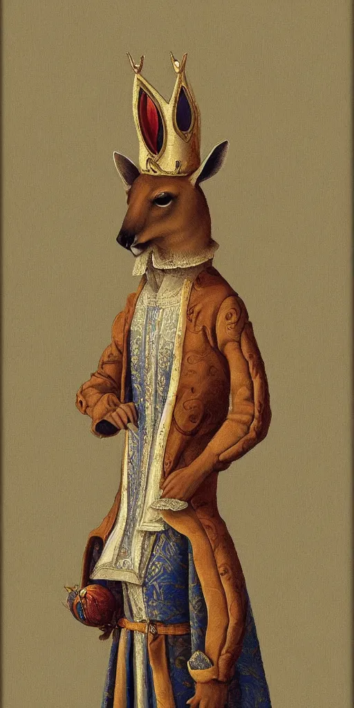 Image similar to anthropomorphic kangaroo in renaissance outfit and crown, painting, canvas, art by eldarzakirov, smooth, sharp focus