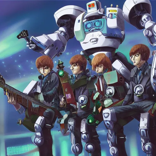 Prompt: a group shot of the beatles as giant mech fighters, anime, hd, wlop, highly detailed