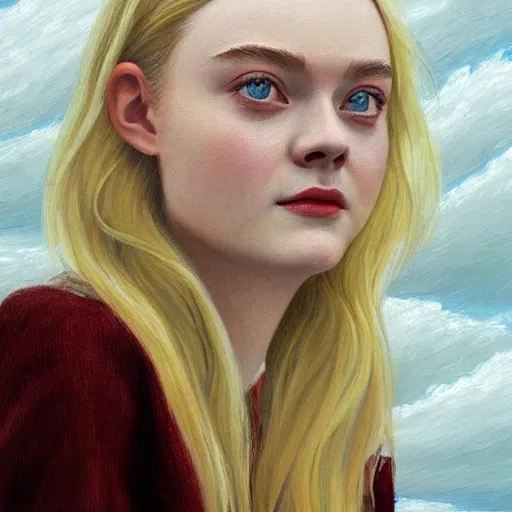 Prompt: professional painting of Elle Fanning in the style of David Ligare, head and shoulders portrait, symmetrical facial features, smooth, sharp focus, illustration, intricate, stormy weather, extremely detailed masterpiece,