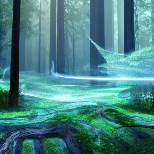 Image similar to enchanted magical illumined twisty swirly watery ( next level ) giant redwood forest. spells. runes. 8 k. uhd. octane render. highly elegant, detailed. harmonic composition. epic composition. hd.