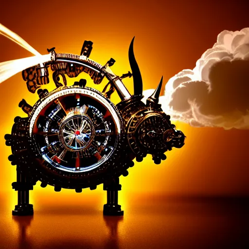 Image similar to a clockwork mechanical bull there are gears sticking out of the mechanical bull steam emanates from the robotic bull and thick clouds of steam swirl around the clockwork bull, ultra high detail, high particle effects, highly reflective surface, realistic reflections