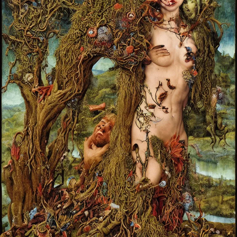 Image similar to a grinning druid dryad with goat pupils transforming herself into a mad beast. her skin is covered in scales and feathers. landscape with mountains, river and night sky. painted by jan van eyck, max ernst and ernst haeckel, trending on artstation, 8 k, award winning, hard lighting, fashion editorial, mythology