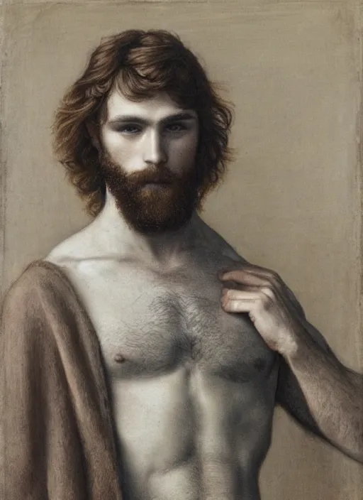 Prompt: Pre-Raphaelite young beautiful muscular brown-haired bearded muscular male