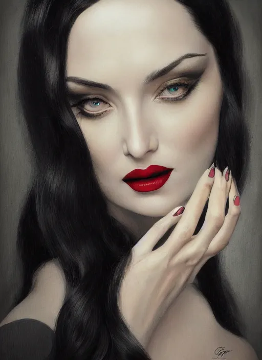 Prompt: close up portrait of ana de armas as morticia addams, masterpiece, intricate, elegant, highly detailed, digital painting, pinup, ethereal, atmospheric, artstation, concept art, smooth, sharp focus, illustration, art by artgerm and greg rutkowski gil elvgren and sachin teng, symmetry!!