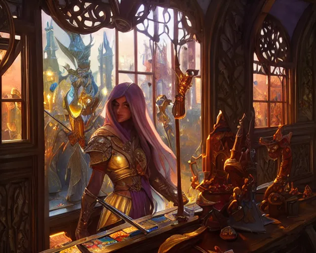Image similar to shop window for magical weapons, close up shopkeeper, magic sword, deep focus, d & d, fantasy, intricate, elegant, highly detailed, digital painting, artstation, concept art, matte, sharp focus, illustration, hearthstone, art by artgerm and greg rutkowski and alphonse mucha
