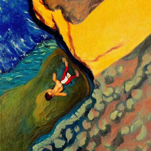 Image similar to a fauvist painting of an aerial view of a man at the bottom of a deep hole on the beach at night