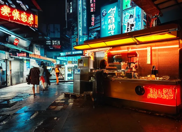 Image similar to the only open cyberpunk blade runner fast food stand in the cyberpunk city during a melancholy rainy night