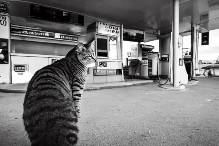 Prompt: cat smoking a cigarette in the gas station wide angle lens