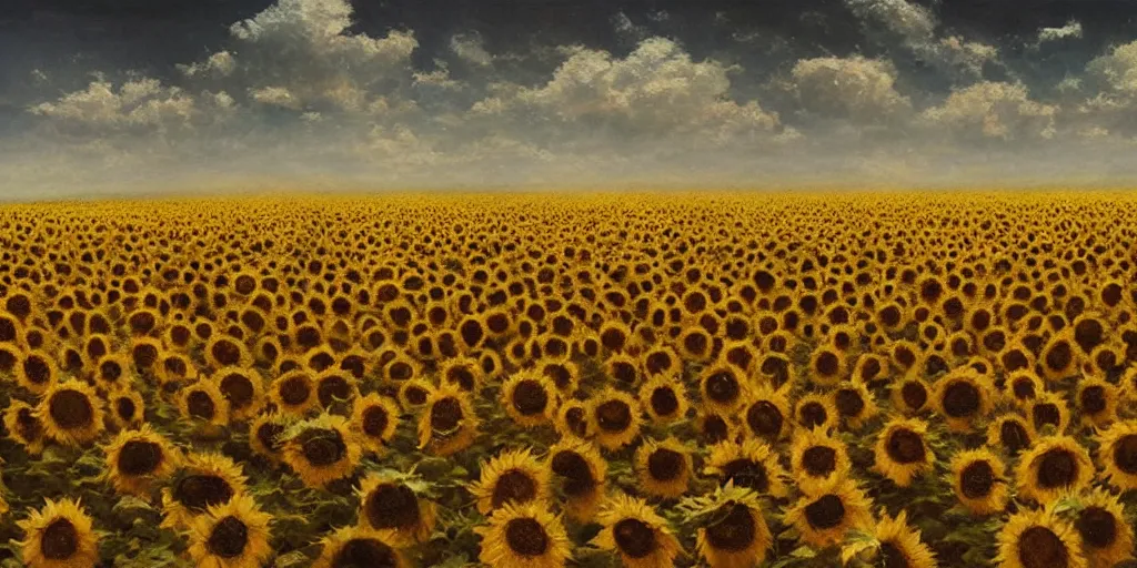 Image similar to Hyper realistic oil painting of an endless sunflower field, high contrast, blue skies, cinematic, by greg rutkowski