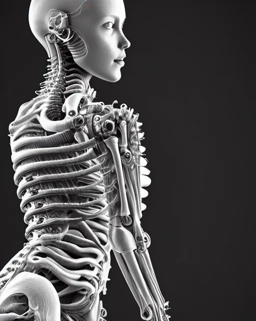 Image similar to raw bw 3 d redshift render flesh biomechanical intricate spinal ribbed jelly body detail of mechanical female vegetal - cyborg, beautiful insanely detailed, digital art, octane render, 8 k artistic photography, photo - realistic, unreal engine