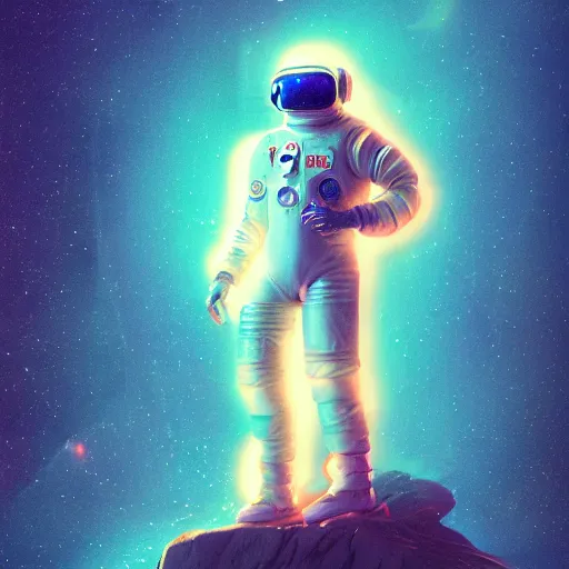 Prompt: cyberpunk astronaut bot, cinema 4 d, galaxy, ufo, space sci - fi, wearing vr goggles, illustration, portrait, pastel neon textured background night, trending on artstation, greg rutkowski, octane rendered, 1 2 k, detailed,