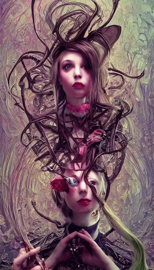 Image similar to twisted alice in wonderland, fame of thrones, lord of daggers, neon, fibonacci, sweat drops, intricate fashion clothing, insane, intricate, highly detailed, surrealistic, digital painting, artstation, concept art, smooth, sharp focus, illustration, Unreal Engine 5, 8K, art by artgerm and greg rutkowski and alphonse mucha