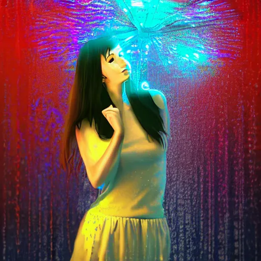 Image similar to digital illustration of a beautiful wet girl wearing a short skirt in the rain interacting with a holographic interface on a wall in a future cyber punk style city trending on art station