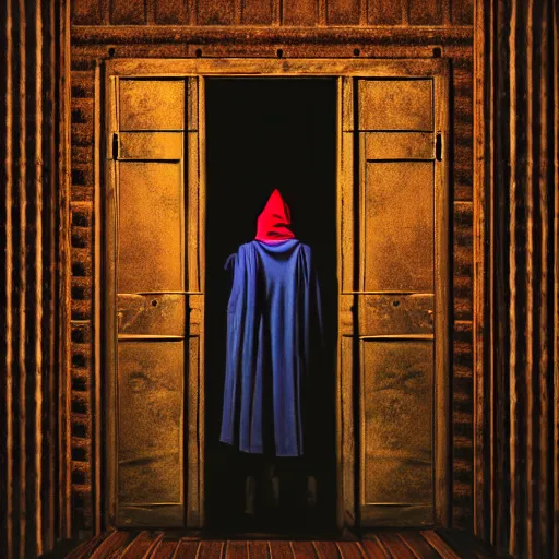 Image similar to a wizard in a cloak standing in front of the door of wisdom, tall door, high ceiling, magic light, cinematic atmosphere, high definition, ultra detailed