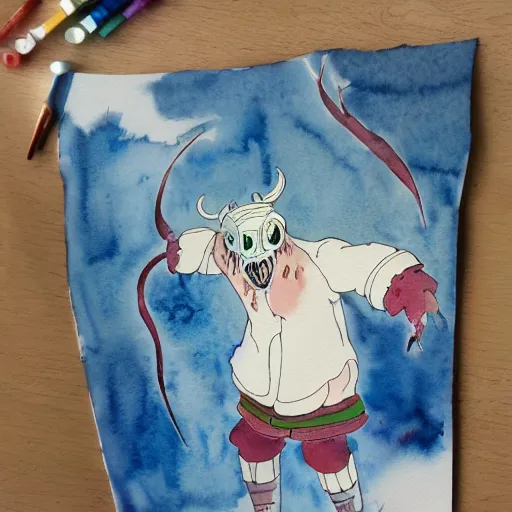 Prompt: whimsical silly watercolor painting of a terrifying demon, in the style of studio ghibli