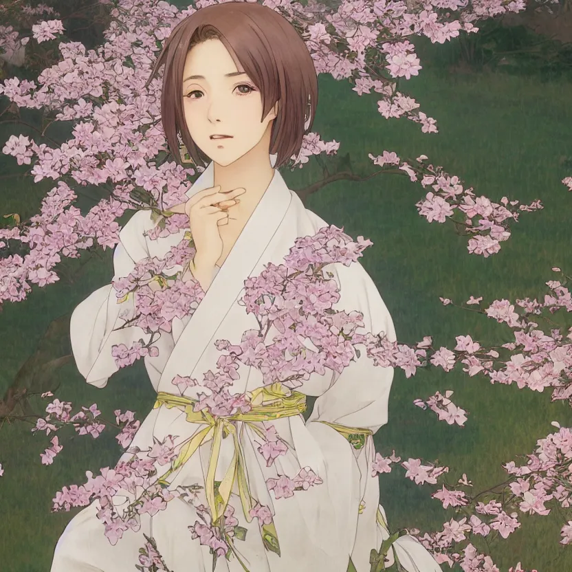 Image similar to portrait of a girl, sakura tree in background, yukata clothing, real faces, anime style, short hair, hair down, symmetrical facial features, from arknights, hyper realistic, 4 k, extreme detail, detailed drawing, trending on pixiv fanbox, realistic lighting, by alphonse mucha, greg rutkowski, sharp focus, backlit