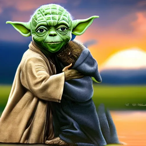 Prompt: obama and yoda kissing with tongue at sunrise