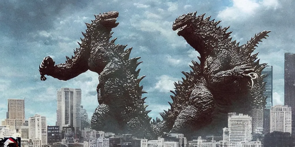 Image similar to godzilla rampaging in a city in the style of claymation, funny and weird