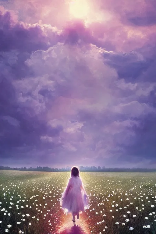 Image similar to giant white daisy flower veil, girl walking in a flower field, surreal photography, sunrise, dramatic light, impressionist painting, colorful clouds, digital painting, artstation, simon stalenhag