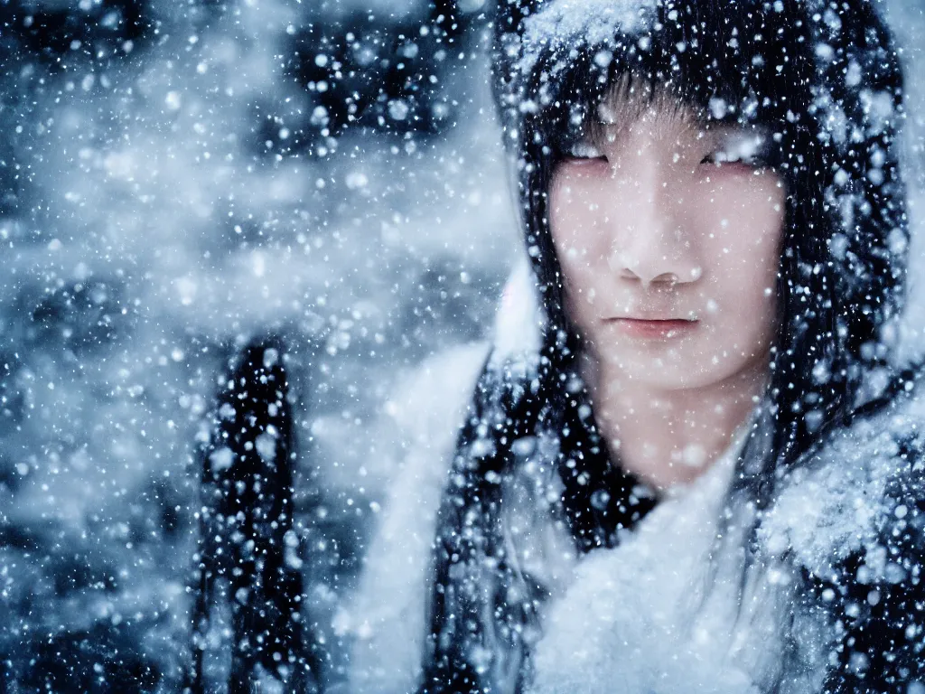Prompt: the piercing blue eyed stare of yuki onna, glittering skin, tears, snowstorm, blizzard, mountain snow, canon eos r 6, bokeh, outline glow, asymmetric unnatural beauty, gentle smile, blue skin, centered, rule of thirds
