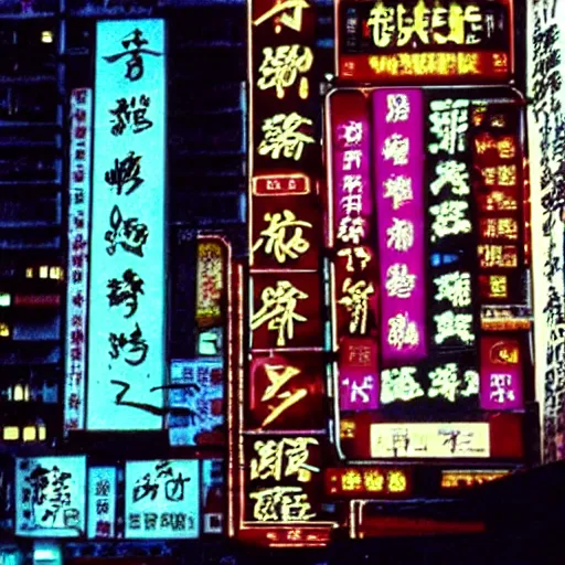 Prompt: A still of Kowloon, big poor building, Hong Kong at night in Ghost in the Shell (1995) anime, neon signs, cyberpunk, dark lighting