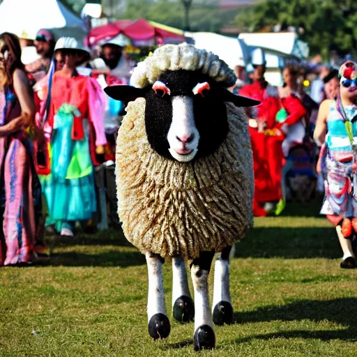 Image similar to a sheep walking in a pair of stilts carnival festival