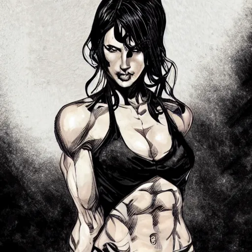 Image similar to a black haired woman in a black tank top, muscular upper body, abs, d & d, fantasy, intricate, elegant, highly detailed, digital painting, artstation, concept art, smooth, sharp focus, illustration, art by mike deodato