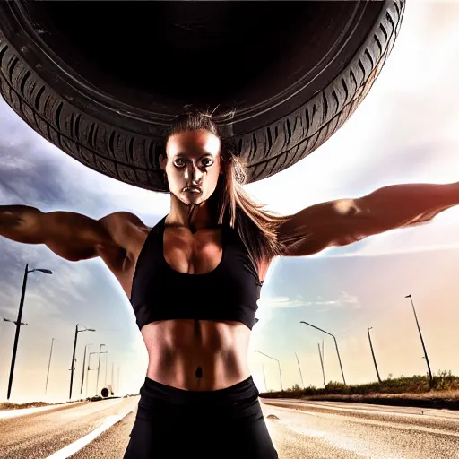 Image similar to car, bodybuilder, woman, photo, digital art, hands, underbody, throw, tire, standing, road