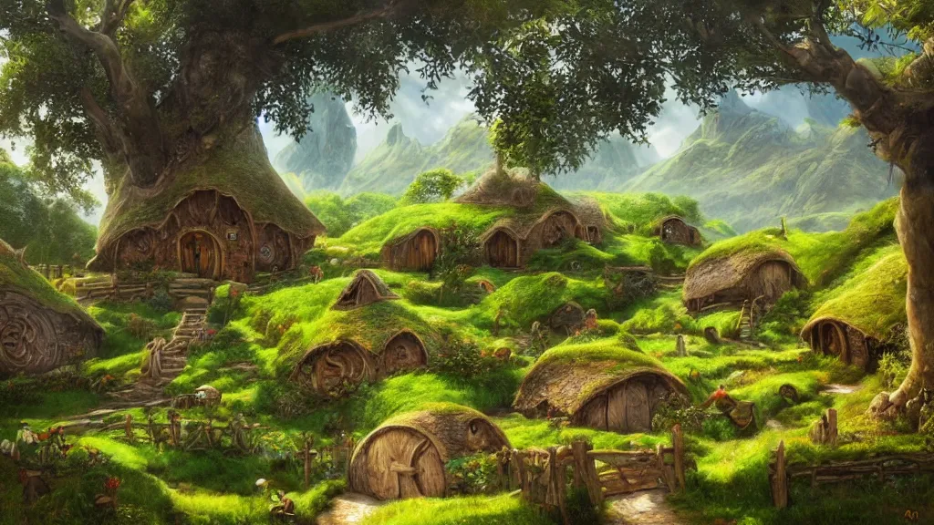 Prompt: a hobbit village with hobbits and hobbit houses and beautiful green grass, and one old beautiful tree, highly detailed oil painting, epic fantasy art, abstraction, masterpeice, 8k